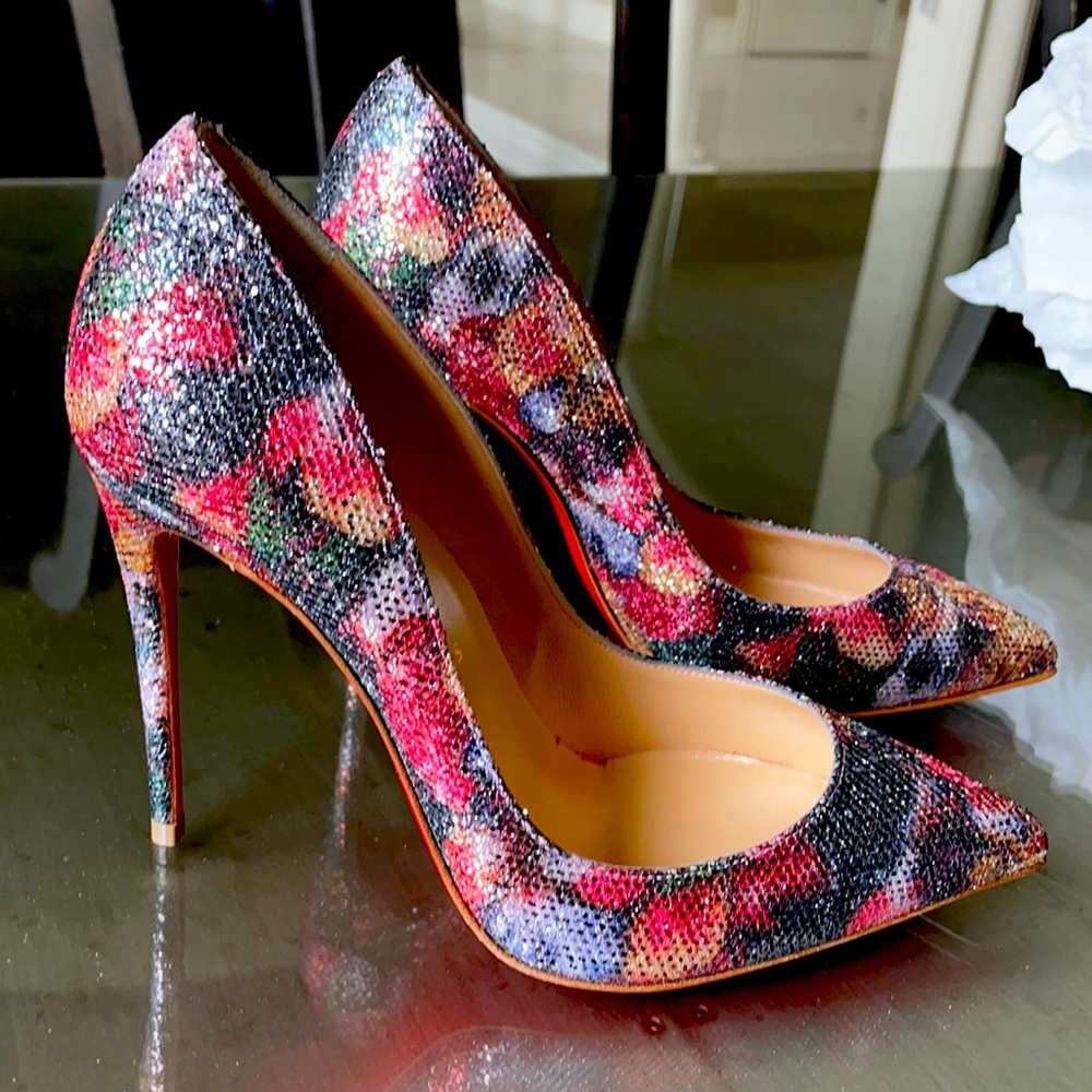 Christian louboutin pigalle follies glitter plume 100mm stiletto 35.5 floral